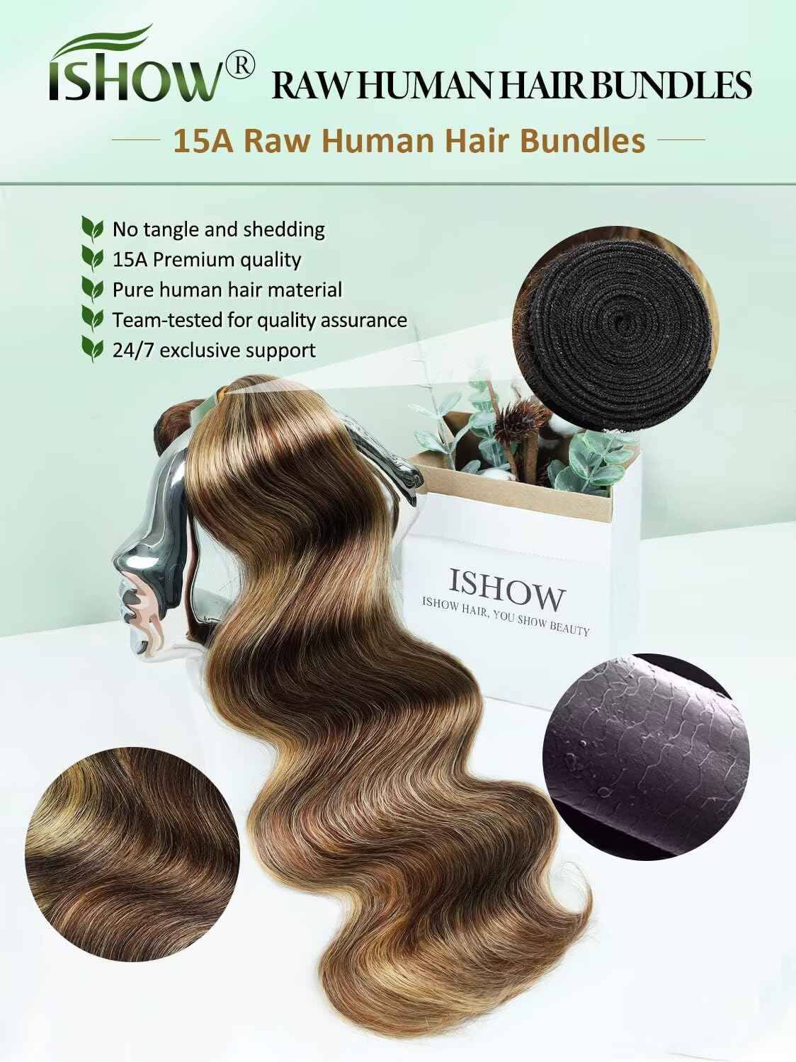 ISHOW Raw Human Hair Bundles, 100% Unprocessed Virgin Human Hair, 15A Body Wave Premium Quality Bundles Producer, 18 Inch Single Bundle, Long Lasting, Ombre Honey Blonde Color P4/27