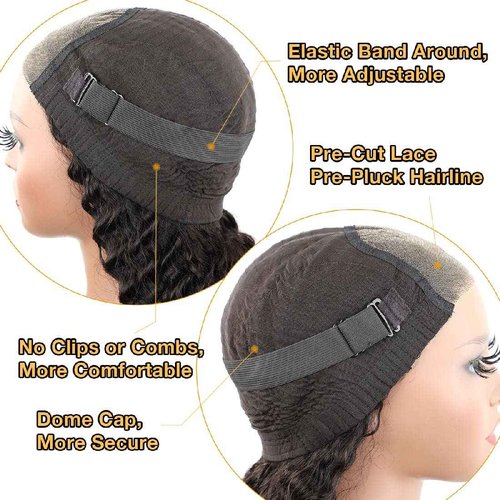 Domiso Glueless Deep Wave Lace Front Wig, 100% Brazilian Human Hair, Medium Size, Removable Elastic Band, No Shedding, No Tangle, No Glue, No Gel, Easy Wear, Comfortable, Fast Delivery