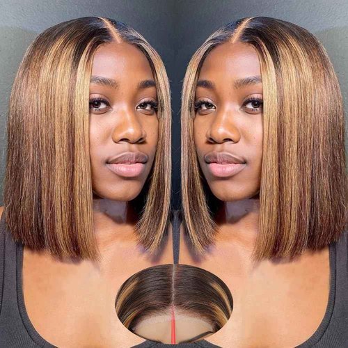 5x5 Lace Closure Bob Wig 14 Inch Ombre Honey Blonde Bob 4/27 Highlight Wear and Go Glueless Human Hair 200 Density Short Straight Bob Wigs No Glue Pre Plucked With Baby Hair Colored Wigs for Women