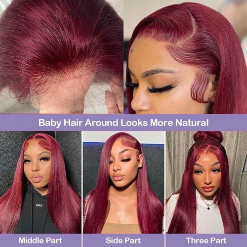 REMY HAIR 99J Lace Front Wigs Human Hair 13x4 Transparent Frontal Lace Straight Wig Pre Plucked with Baby Hair 180% Density Brazilian Virgin Glueless Wigs for Women Burgundy Lace Front Wigs (14 Inch)