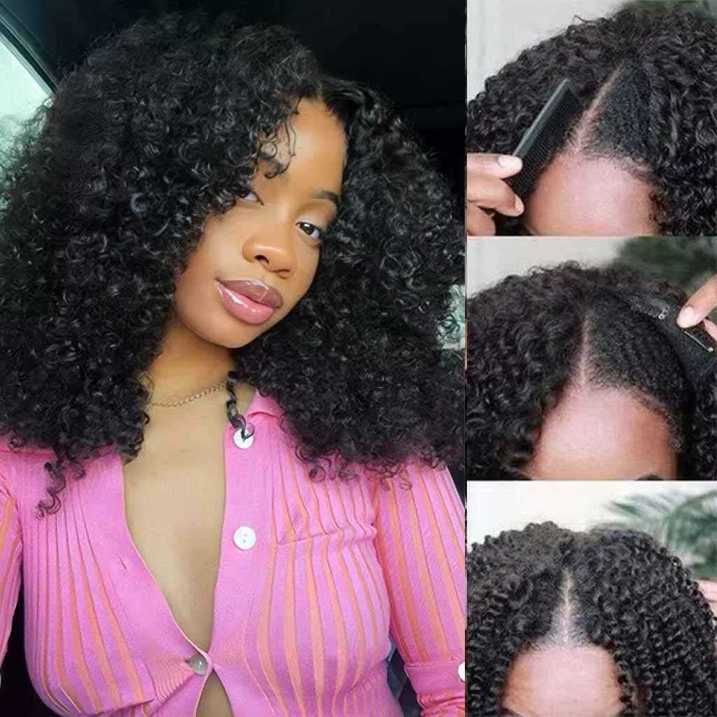 GKOKG V Part wig Human Hair Curly Upgrade U Part Wig For Black woman 100% Human Hair V Shape Cury Glueless Clip In Half Wig Natural Color No Leave Out 180% Density 22inch