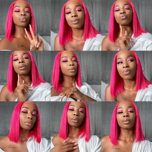 SEXAY Pink Bob Wigs 13x4 HD Lace 100% Human Hair Front Wig Brazilian Unprocessed Virgin Human Hair Wigs Pre Plucked Natural Hairline Transparent Lace Pink Front Bob for Women (14")