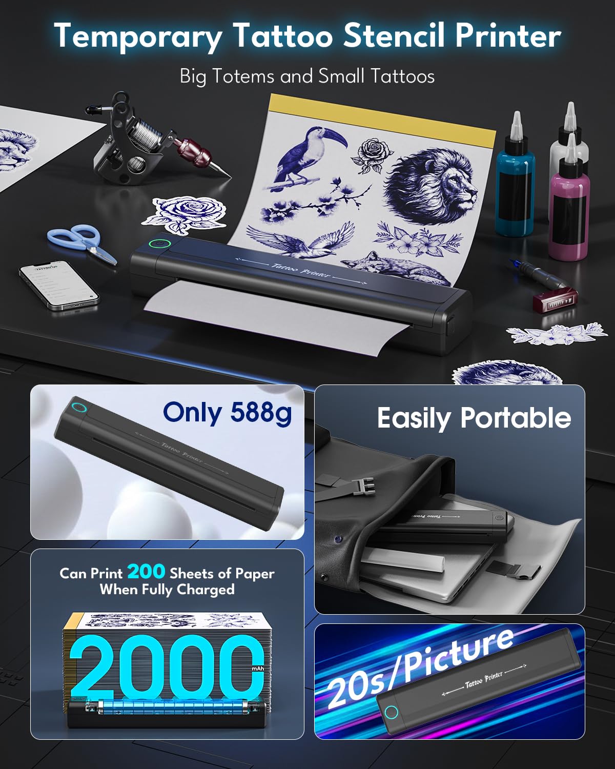 2025 New Wireless Tattoo Stencil Printer with 10 pcs of Transfer Paper,Tattoo Printer Machine for Tattoo Artists& Beginners,Compatible with Phone&PC