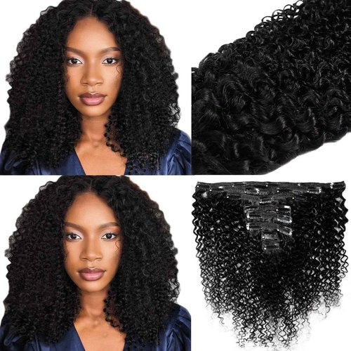 HDENSE Human Hair Clip in Extensions 4.23oz 8Pcs Double Weft Kinky Curly Clip in Hair Extensions 18Inch Natural Black Soft Virgin Curly Extensions Human Hair For Black Women 120g