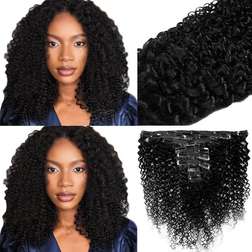 HDENSE Curly Human Hair Clip in Extensions Brazilian Virgin For Women Soft Double Weft Natural Black Color 3B 3C Kinky Curly Clip Ins 8Pcs 4.23oz 16Inch