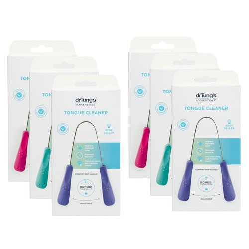 drTung's Stainless Steel Metal Tongue Scraper - Tongue Cleaner for Adults, Kids, Helps Freshen Breath, Easy to Use Comfort Grip Handle, Comes with Fabric Travel Pouch - 6 Pack