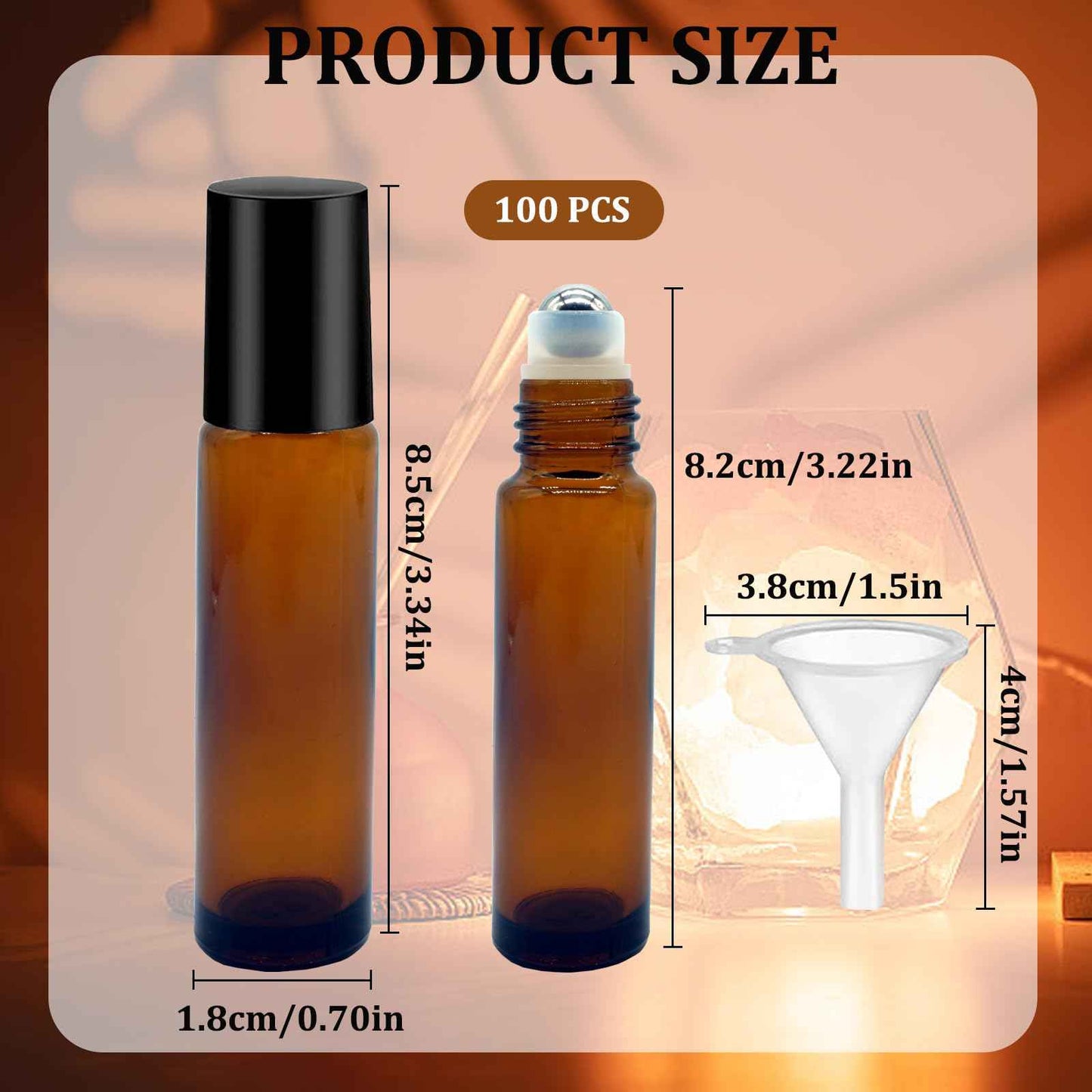 Hzmssore 100 Pcs Essential Oil Roller Bottles 10ml Empty Glass Roller Bottles with Stainless Steel Roller Balls Protection Leakproof with 5 Funnel for Travel, Roller Balls For Essential Oils(Brown)