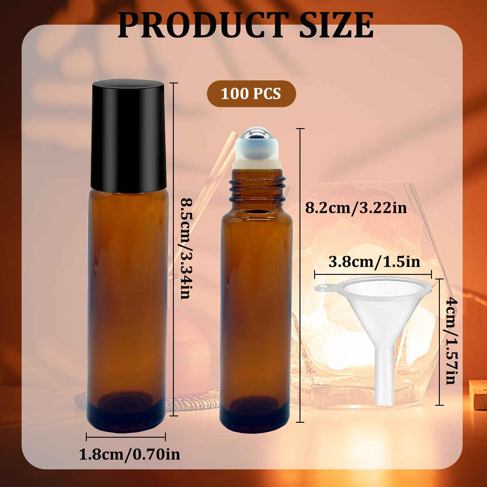 Hzmssore 100 Pcs Essential Oil Roller Bottles 10ml Empty Glass Roller Bottles with Stainless Steel Roller Balls Protection Leakproof with 5 Funnel for Travel, Roller Balls For Essential Oils(Brown)