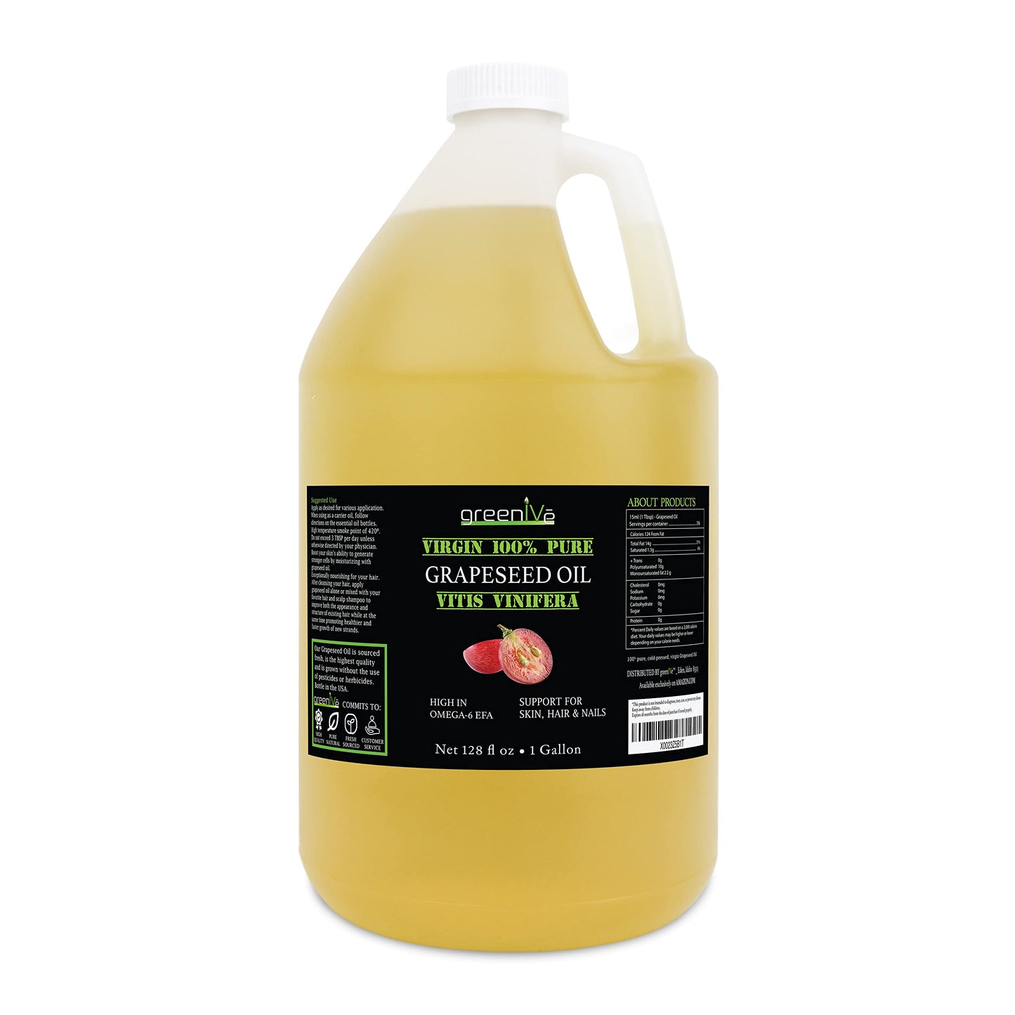 GreenIVe Grapeseed Oil Organically Grown 100% Pure Cold Pressed Light Flavor High Tempurature Cooking (128 Fl Oz (Gallon))