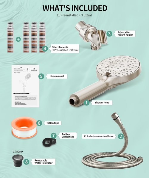 Filtered Shower Head with Handheld, High Pressure 9 Spray Mode Brushed Nickel Showerhead with 4 Filters, Detachable Shower Head, Water Softener Filters Beads for Hard Water - Remove Chlorine