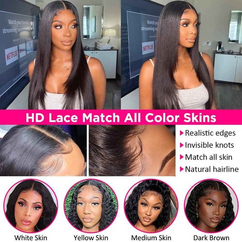 Subella 13x5inch HD Transparent Lace Front Wigs Human Hair Pre Plucked Hairline with Baby Hair 220% Density 12A Straight HD Lace Frontal Wig for Black Women (16inch)