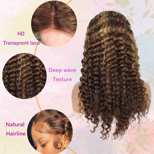 Leximi Honey Blonde 13x4 Deep Wave Lace Front Wigs Human Hair Pre Plucked with Baby Hair 4/27 Highlight Glueless HD Transparent Lace Frontal Wigs for Black Women 180 Density (24 Inch)