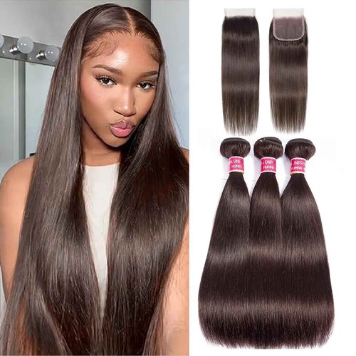 Dark Brown Human Hair Bundles with Closure (14 16 18with 14Free) Chocolate Brown Straight Hair 3Bundles with 4x4 Lace Closure Double Machin Weft Brown Bundles Human Hair