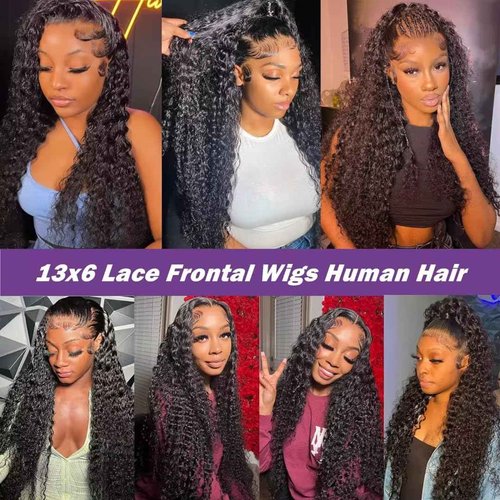 KFgood 13x6 Deep Wave Lace Front Wigs - Human Hair Glueless Wigs - 200% Density HD Lace Front Wigs - Pre Plucked with Baby Hair - Wet and Wavy - Natural Black (20 Inch)