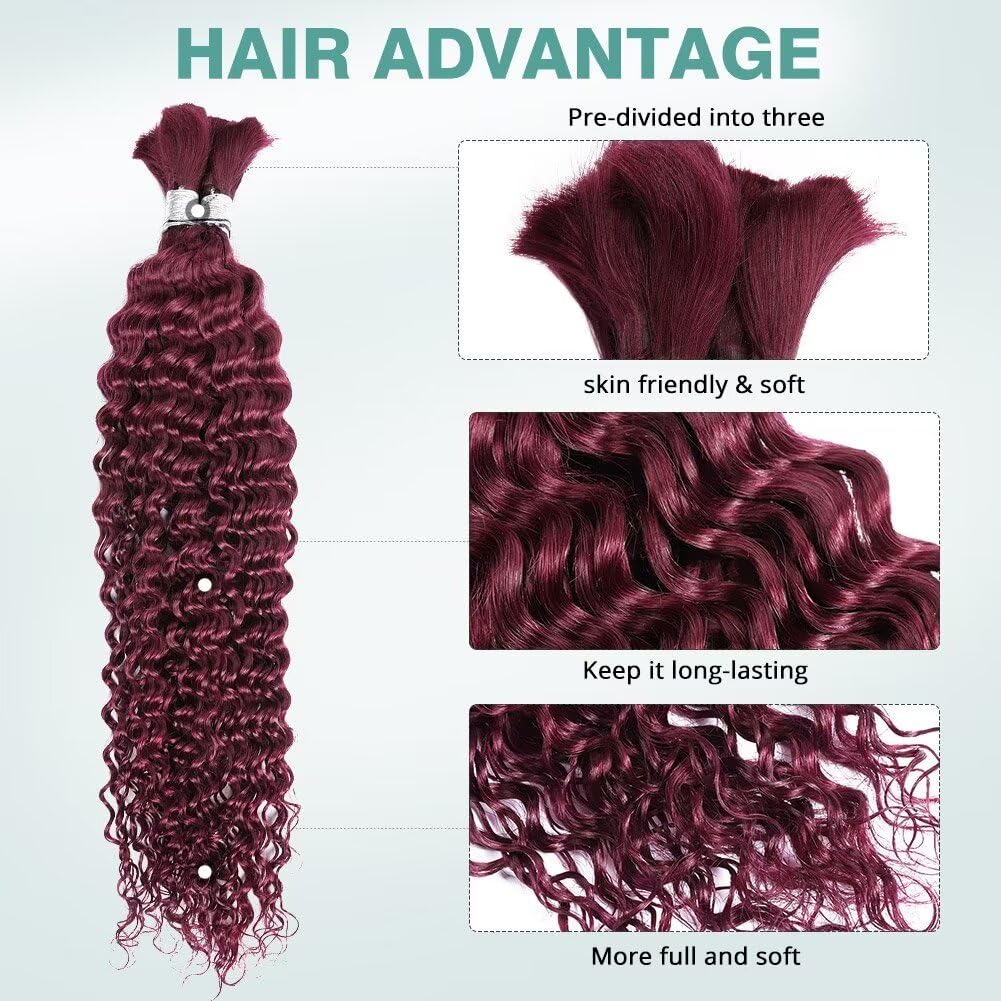 Human Braiding Hair 100g 26 Inch Deep Wave Bulk Human Hair for Braiding 2 Bundles/Pack No Weft Brazilian Virgin Deep Curly Human Hair Extensions Color 99J Burgundy Braiding Hair for Micro Braids