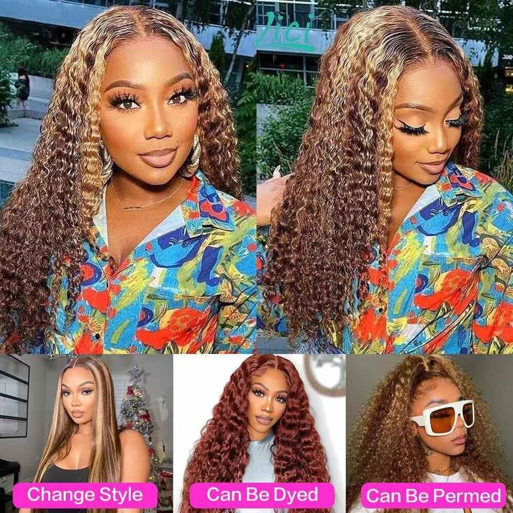 Highlight Ombre Lace Front Wigs Human Hair Honey Blonde Deep Wave 13x6 HD Transparent Lace Frontal Wigs Human Hair P4/27 Colored Curly Wig for Women 180% Density Glueless Pre Plucked 24 Inch Wig