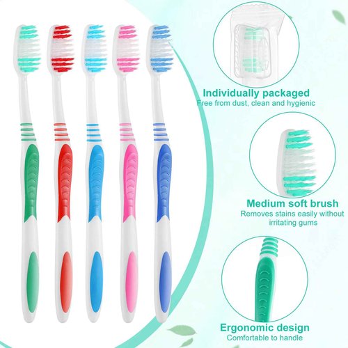Tioncy 500 Pack Bulk Toothbrushes Individually Wrapped Pack with Covers Colorful Tooth Brushes Medium Disposable Soft Bristles Adult Manual Toothbrush for Travel Hotel Packages Relief Donations