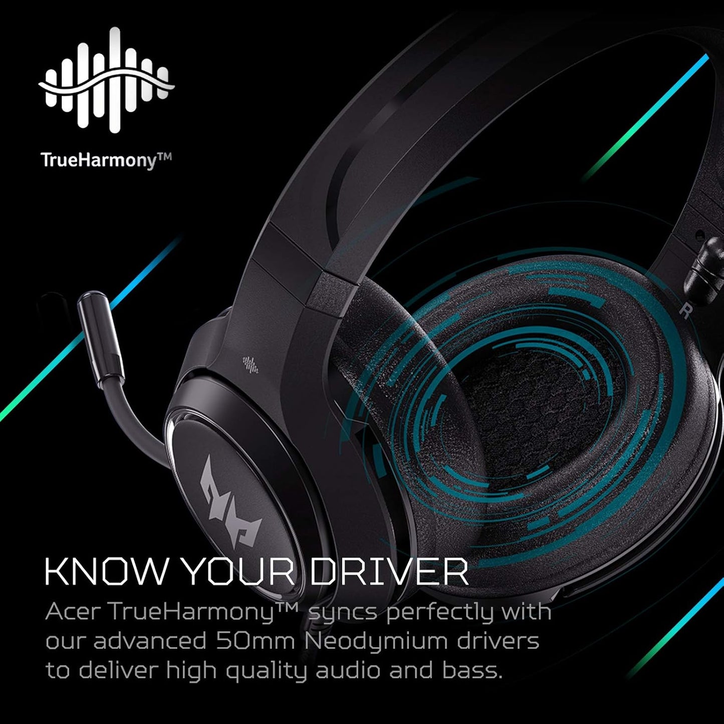 Acer Nitro Gaming Headset II: 50mm Drivers | Retractable Omni-Directional Noise-Canceling Microphone with On-Cable Controls | Over-Ear Design with RGB Lights, (Pack of 1)