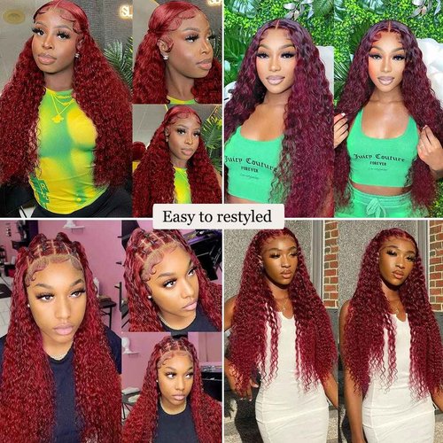 Bugtum 99j Burgundy Lace Front Wigs Human Hair Deep Wave 13x4 Hd Lace Frontal Wigs for Black Women Glueless Wigs Human Hair Pre Plucked Deep Curly Wet and Wavy Red Colored Lace Front Wig (26 Inch)