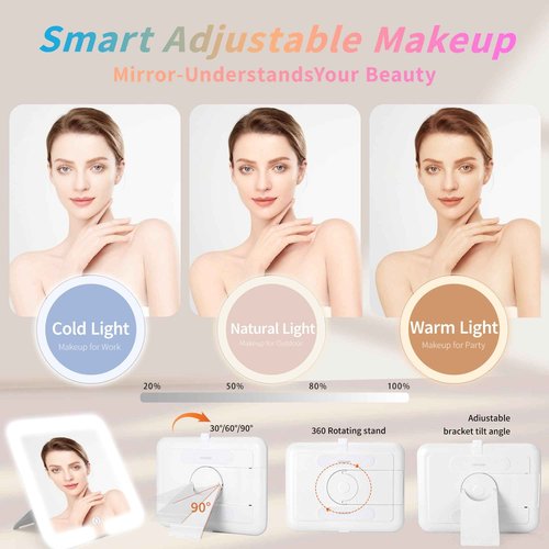 Gdsshuhung Makeup Bag with LED Mirror & Magnifier, Large Cosmetic Organizer Travel Makeup Case with Adjustable Brightness & 6 Detachable Dividers, Portable Makeup Storage for Women Girls (Brown)