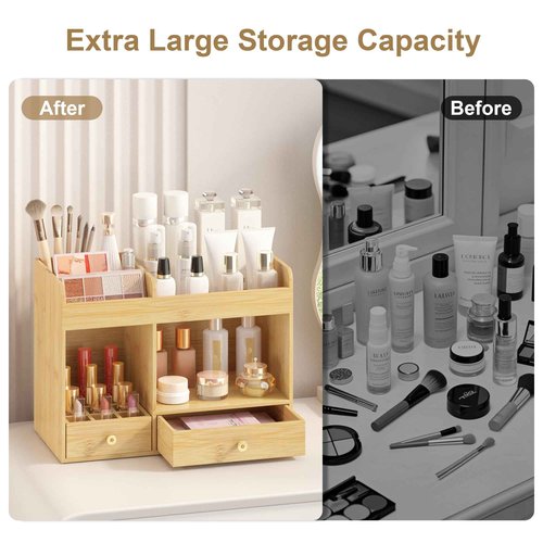 Wisuce Essentials Large Makeup Organizer with Drawers, Bamboo Countertop Cosmetic Storage for Dresser Vanity Organizer Beauty Desk Skincare Holders Container Make Up Organizing for Lipstick