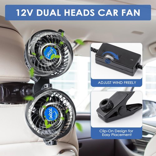 XOOL Clip Car Fan, Adjustable Dual Head 4 Inches 12V Fan for Front/Rear Seat Passenger, 360° Rotatable Electric Car Cooling Fans with Stepless Speed Regulation for SUV, RV, Vehicles