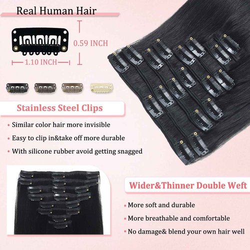 Clip in Hair Extensions Real Human Hair Clip in Extensions for Women Seamless Invisible Jet Black Natural Remy 100% Human Clips ins Extension 8pcs Double Weft 24 inch 4.2oz/120g