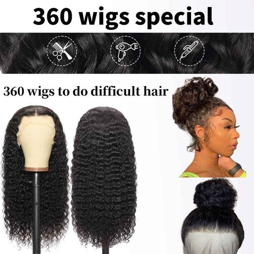 zomeme Deep Wave 360 Full Lace Wig Human Hair 360 Lace Front Wigs Human Hair Pre Plucked 360 Wet and Wavy Human Hair Ponytail Wig 360 HD Lace Frontal Curly Wig Natural Color 24 inch