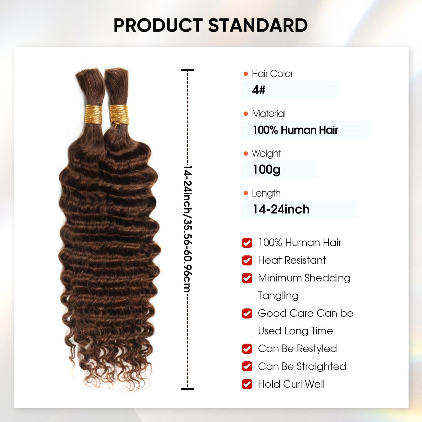 Human Braiding Hair 24 Inch 100g Chocolate Brown Deep Wave Bulk Human Hair for Braiding No Weft Curly Bundles Human Hair Extensions for Boho Knotless Braids Wet and Wavy Braiding Hair (#4)