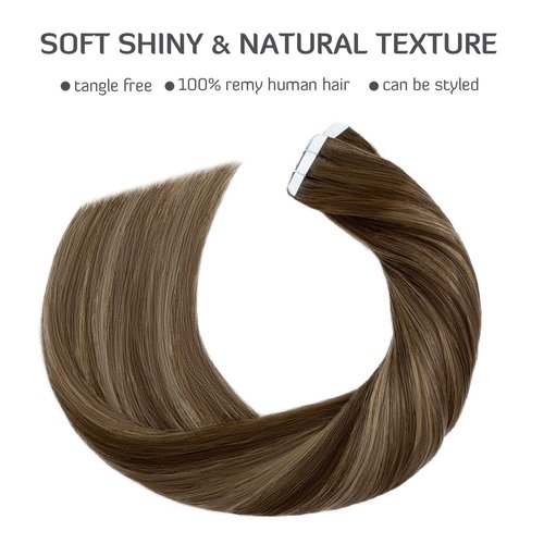 S-noilite Tape In Hair Extensions Human Hair Real Natural Straight Silky Remy Hair Seamless Double Side Tape in Hair Extensions for Women (22 Inch, (4/27)/4 Chocolate Brown to Caramel Blonde)