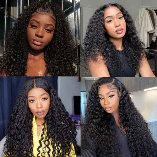 Deep Wave Lace Front Wig for Black Women - 20 inches Natural Black 180% Density Glueless 4X4 Lace Front Deep Wave Human Hair Wigs