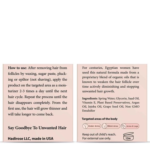 Hadirose Egyptian Cyperus Rotundus Organic Hair Removal Maintenance Cream | Organic Red Saad Oil Concentrate | Post-Wax Care | Rose, Jasmine & Lavender Scented | Made in the USA.