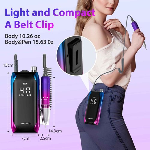 PURTATO Professional Nail Drill 40,000 RPM, Rechargeable,LCD Display E File Machine for Acrylic Nails Gel Polishing Removing Portable Nails Efile Tools for Manicure Salon & Home (Blue&Purple)