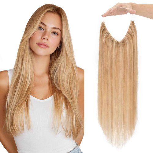 Charites Halo Hair Extensions Real Human Hair Invisible Wire Extensions with Transparent Fish Line Adjustable Size Golden Brown & Bleach Blonde 18 inch