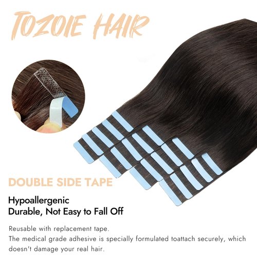 TOZOIE Tape in Hair Extensions Human Hair - 20 Inch Straight Invisible Natural Black Real Human Hair Extensions for Women (1B)