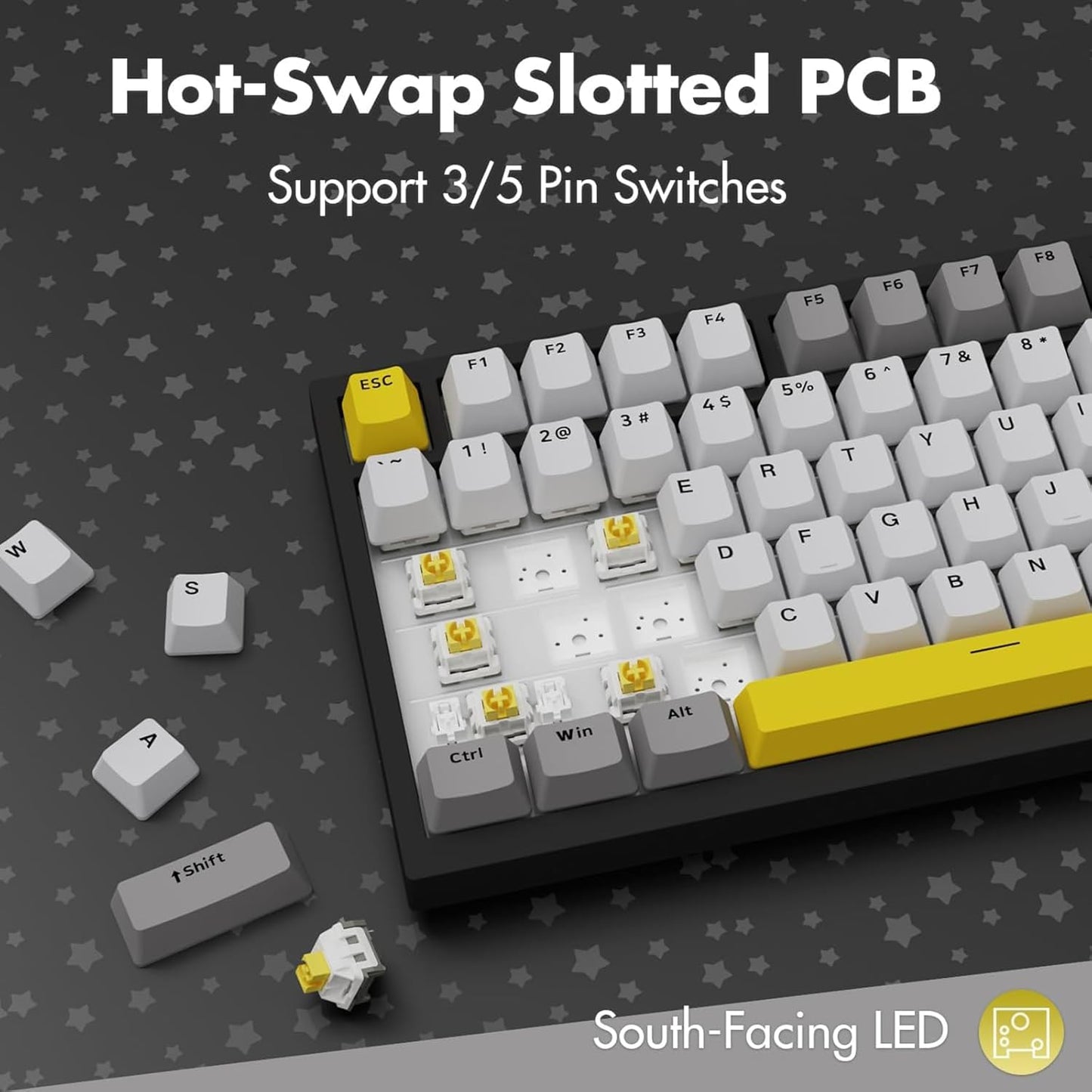 AJAZZ AK820 Pro 75% Gasket RGB Wireless Mechanical Keyboard with TFT Screen, Volume knob, Bluetooth/2.4G/Wired 3-Modes, Compact 82 Hot-Swap Keys, Tricolor PBT Keycap, 4000 mAh (Gray&Yellow 3-Modes)