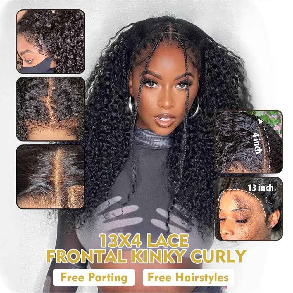13x4 Lace Frontal Closure Kinky Curly Ear to Ear HD Lace Frontal Pre Plucked with Baby Hair 18 Inch Free Part Brazilian Human Hair Extensions 150% Density Natural Black
