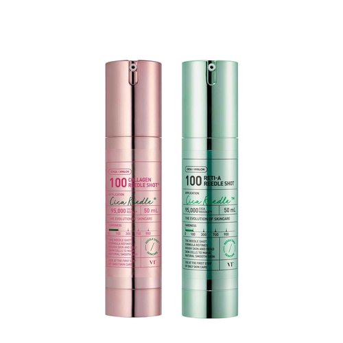 VT COSMETICS Collagen Reedle Shot 100 & Reti-A Reedle Shot 100 Microneedling Serum, Skin Booster, 1.69Fl Oz(50ml)*2