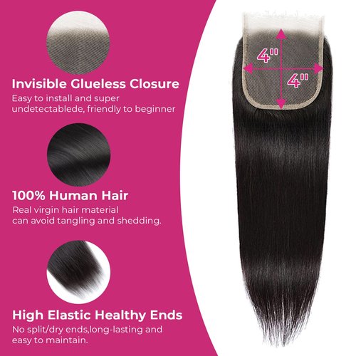 FalaFala SKINLIKE Real HD Lace 4x4 Closure Straight Human Hair Free Part Swiss HD Lace Melted Undetectable Serrated Edge Pre Plucked with Baby Hair Frontal Closures Only 18 Inch