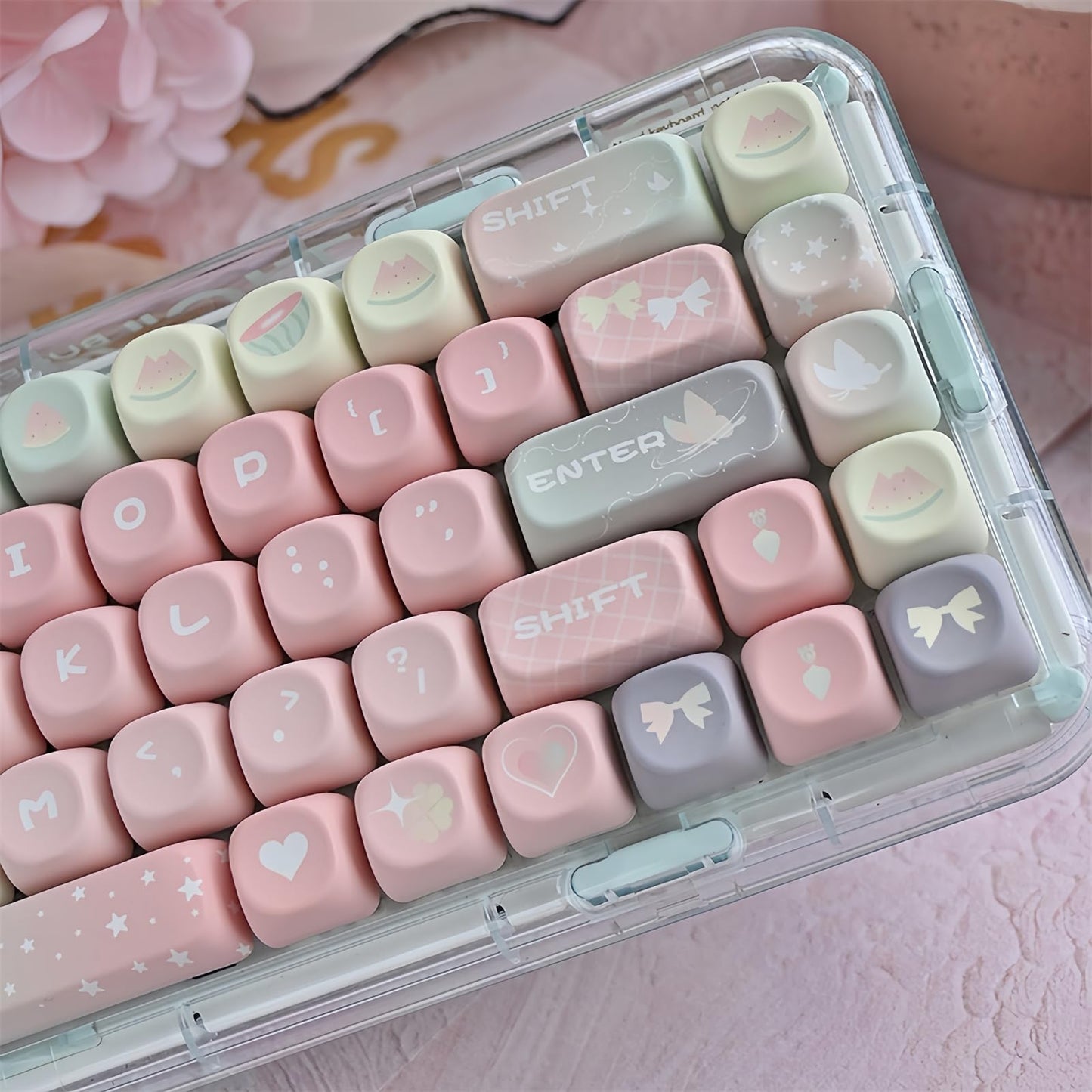 ZMX Cute MOA Keycaps,Gradient Pink Kawaii Round Keycaps Custom 126 Keys Keycap Set Thick PBT Keycap for Cherry MX Switch 75% 60% Mechanical Gaming Keyboard Creamy Watermelon Key Cap