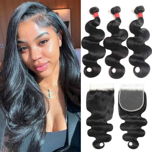 Bundles with Closure Human Hair (20 22 24+18) Body Wave 3 Bundles with 5x5 HD Closure 100% Human Hair 12A Unprocessed Virgin Hair Natural Black