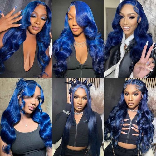 Suresen Dark Blue Lace Front Wigs Human Hair Pre Plucked 180% Density 26 Inch Body Wave HD 13x4 Lace Front Pre Plucked Dark Blue Human Hair Wigs with Bleached Knots Natural Hairline