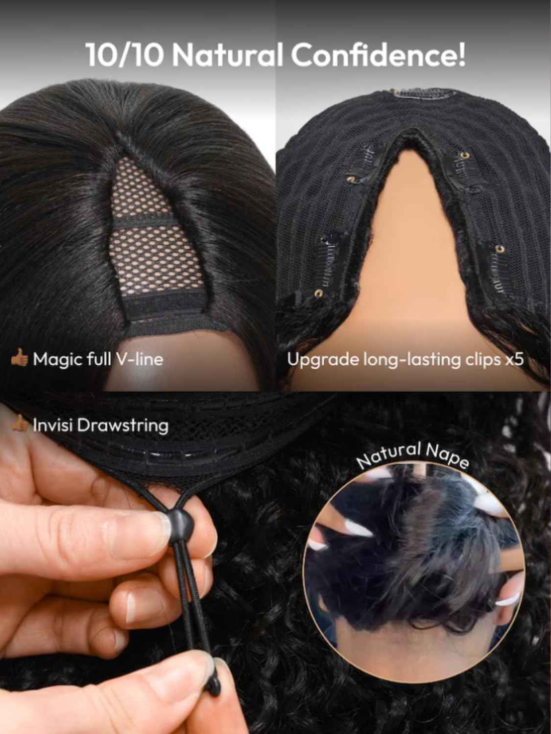 KLAIYI Ombre Brown V Part Wig Body Wave Human Hair Upgrade U Part Wig with Dark Roots Glueless Chestnut Brown Clip in Half Wig No Glue No Leave Out Beginner Wigs for Women Wear and Go Wig 150% 16Inch