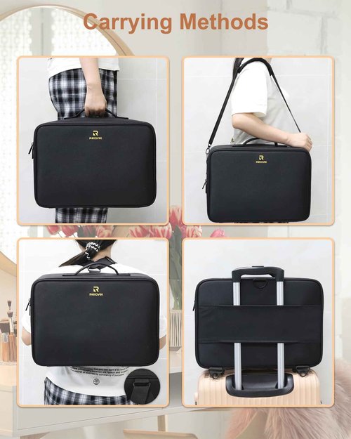 Relavel Large Makeup Bag with 3 Removable Pouches, Travel Train Case Cosmetic Organizer Carrying Box for Makeup Artists Hairstylist with Adjustable Dividers, Brush Holder and Shoulder Strap, Black