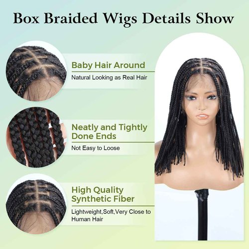 Vecago Short Braided Wigs for Black Women, 12 inch Knotless Single Full Lace Box Braid Wigs with Baby Hair Black Synthetic Braid Wig