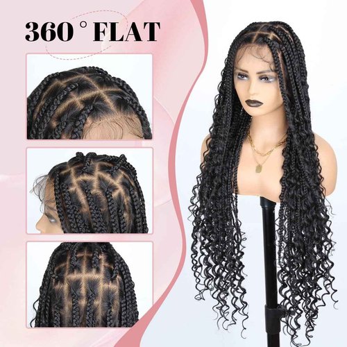 QUISDUIS 36 Inch Full Lace Boho Braided Wigs for Black Women, 360° HD Single-layer Square Knotless Box Braid Wig with Baby Hair Handmade Synthetic Hair Blended Lace Front Wig Natural Black