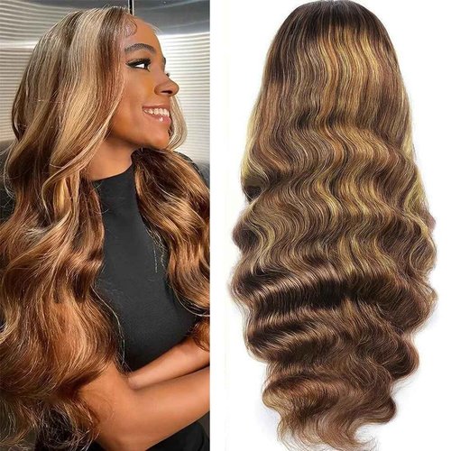 UMEGIRL 26 Inch 5x5 HD Lace Closure Wigs Human Hair Body Wave Wear and Go Glueless Wigs Pre Plucked Pre Cut P4/27 Honey Blonde Highlight Ombre Lace Front Wig Human Hair Wig 180% Density