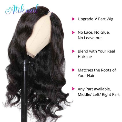 Atikual Body Wave V Part Wig Short Brazilian Virgin Human Hair Wigs For Black Women Thin Part Wig Glueless Clip In Half Wigs Upgrade U Part Wig Beginner Friendly No Sew In No Glue 24inch