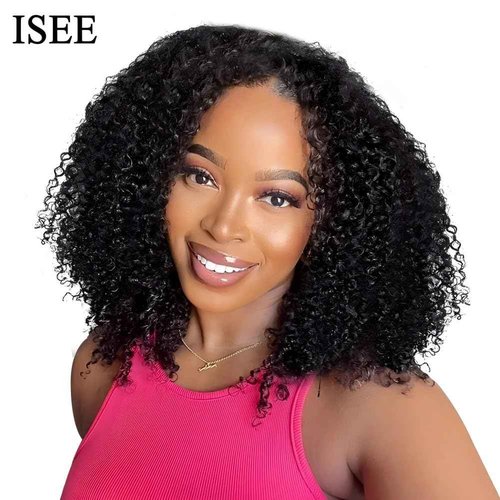 ISEE V Part Human Hair Kinky Curly Minimal/No Leave Out Upgrade U Part Wig for Black Women Human Hair V Shape Wig Kinky Curly Thin Part Glueless Clip In Half Wig 180% Density Natural Color 18 Inch