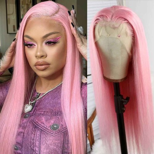 TaBeWay 13x6 Pink Synthetic Lace Front Wigs Long Straight Hair Pastel Pink Lace Front Wigs for Fashion Women Heat Resistant Soft Hair Natural Hairline